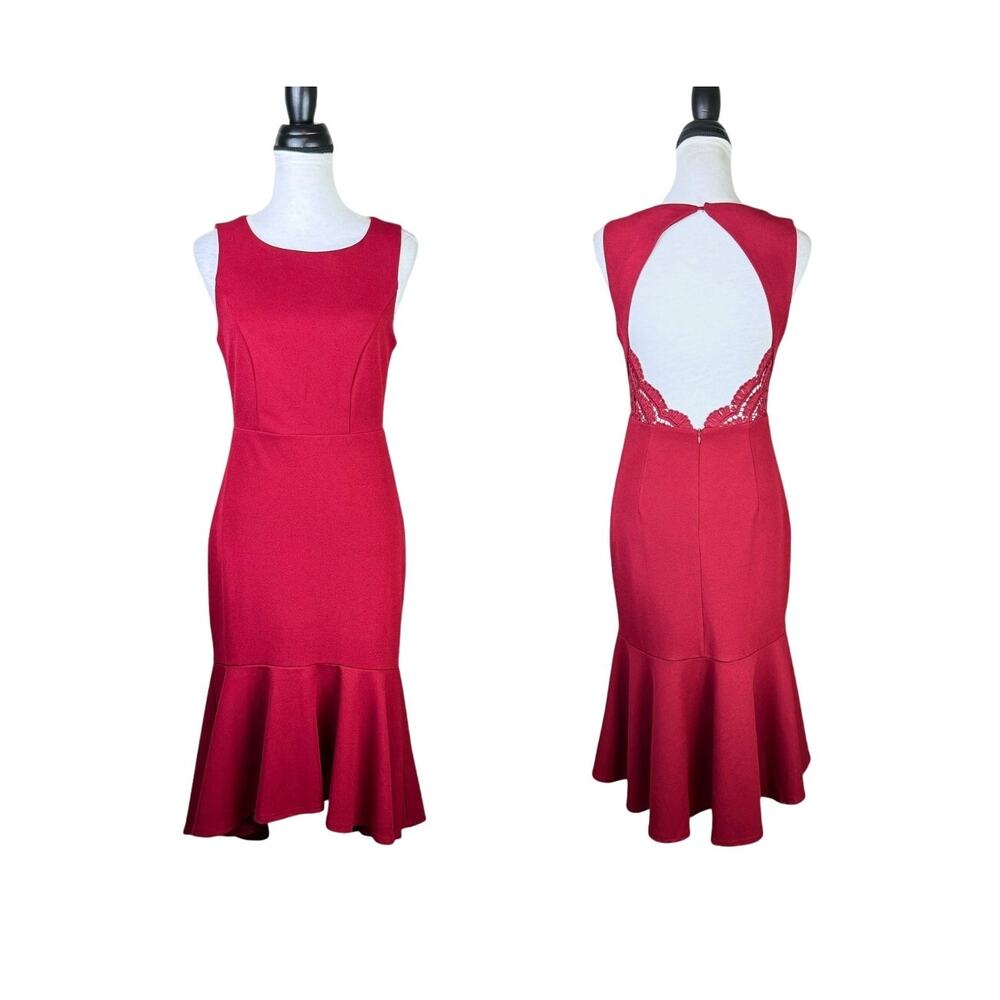 Aakaa NWT Cranberry Red Cut Out Back Flutter Skirt Sleeveless Satin Midi Dress